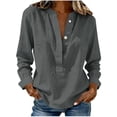 thumbnail image 2 of ClodeEU Women's Linen Blend V Neck Long Sleeve Button Shirt ,Loose Fit Casual Blouse Gray,Womens Plus M, 2 of 5