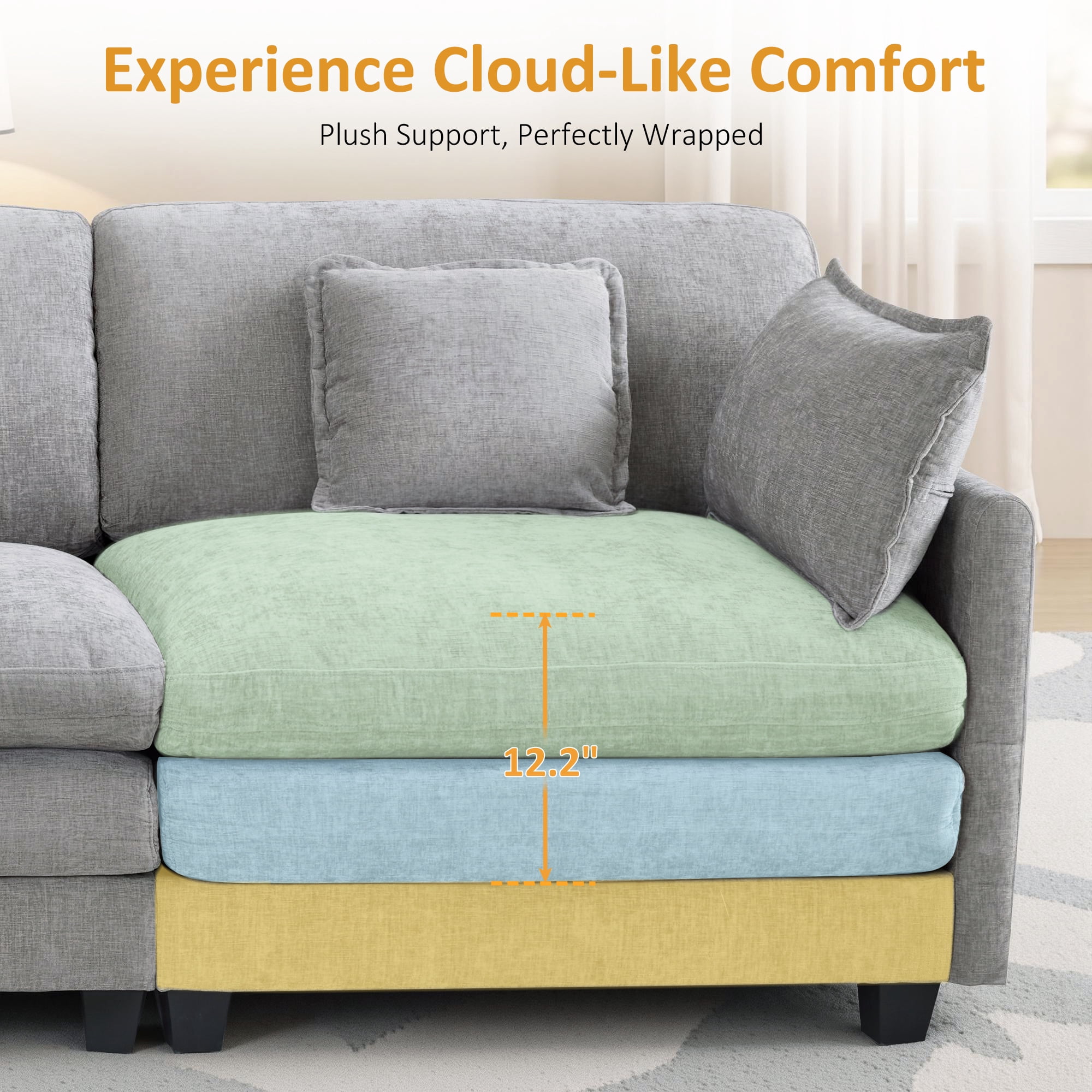 MCombo 111.8'' Modular Sectional Sofa Couch with Chaise Ottoman for Living Room, L Shaped Sofa, FSC Certified, Grey