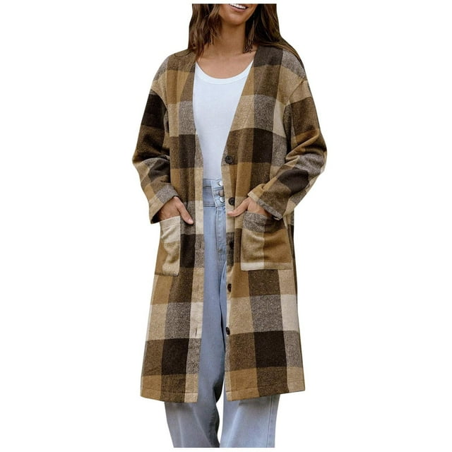 RXMEKW Plaid Wool Blend Coat With Button Front And Pockets for Women, Longline Cardigan Jacket, Brown