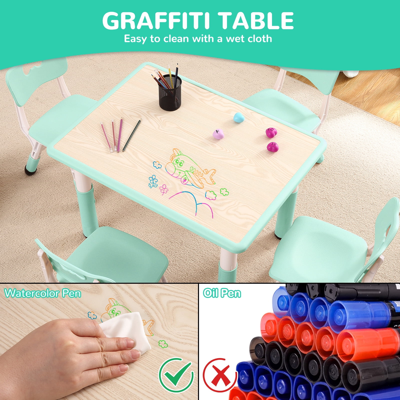 Kids Table and 4 Chair Set,Height Adjustable Toddler Arts & Crafts Table and Chair Set for Ages 2-10,Kids Activity Art Table for Classroom Daycares,Home(Mint Green)