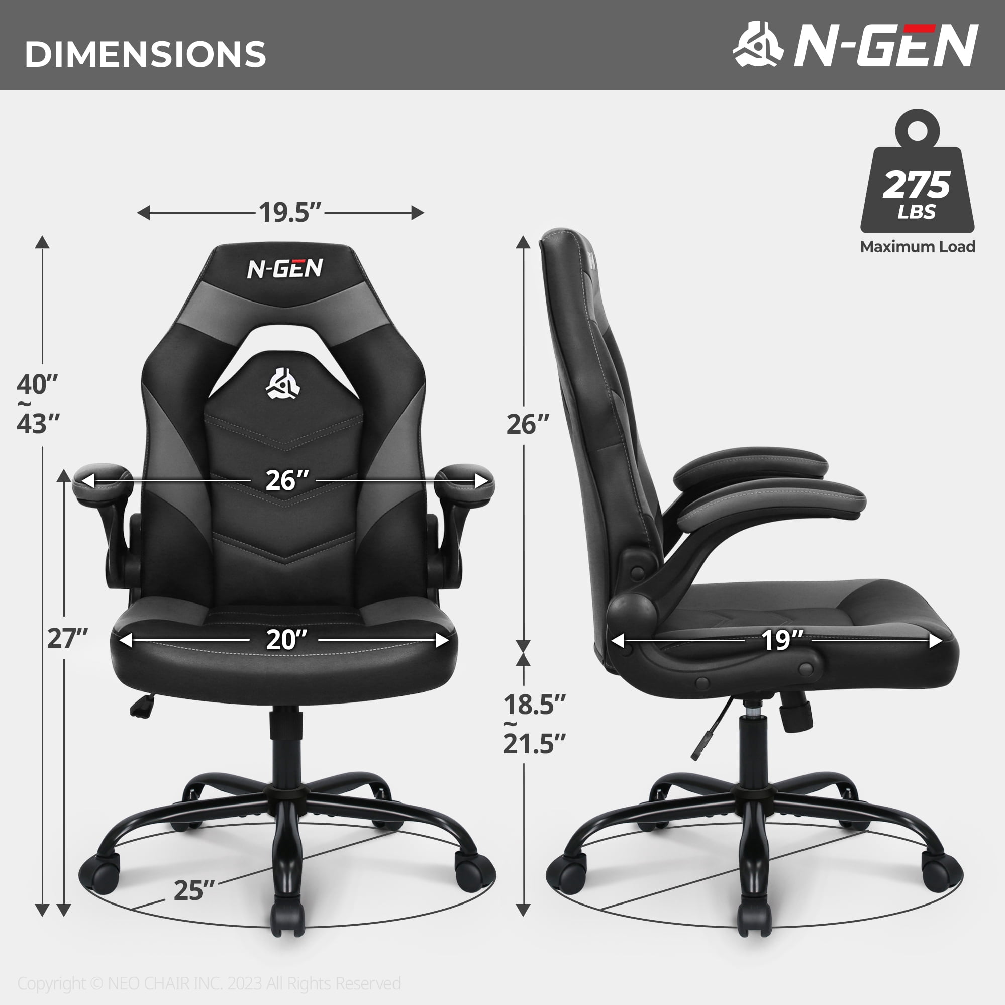 N-GEN Video Gaming Chair Ergonomic Computer Desk Office Chair with Lumbar Support Adjustable Height Swivel Wheels Flip-Up Arms PU Leather Home and Office (Grey)