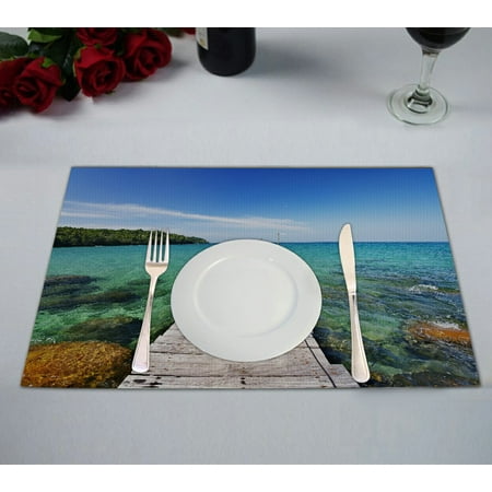 Summer Placemats GCKG Tropical Seascape Placemat, Nautical Ocean Wooden Dock Bridge to Water Waves in Summer Placemat 12x18 Inch,Set of 2 ()