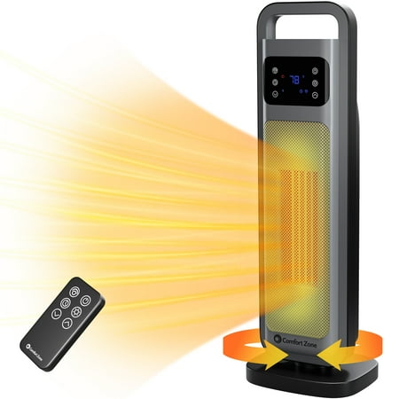 Comfort Zone 26 Oscillating Digital Tower Heater with Remote Control for Indoor Use Adjustable Thermostat Timer Overheat Protection Tip-Over Switch Ideal for Home Bedroom & Office HT1206-GRY