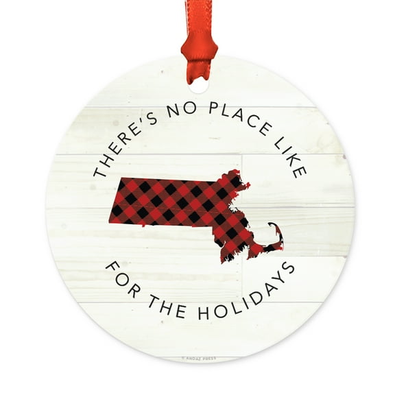 US State Round Metal Christmas Ornament, Red Plaid on Light Rustic Wood, Massachusetts, Includes Ribbon and Gift Bag