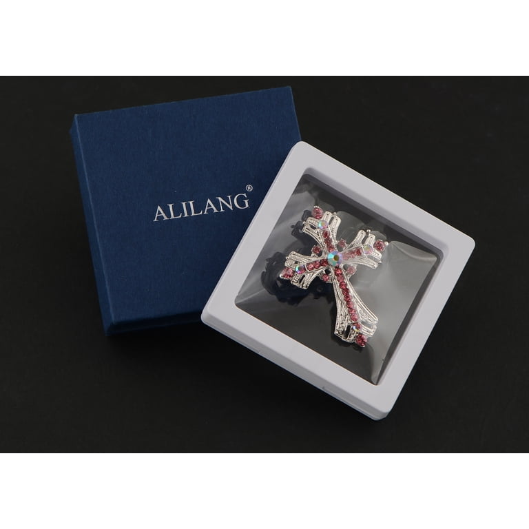 Alilang Religious Cross Pendant Necklace | Silver Tone With Aquamarine Or Clear Rhinestones