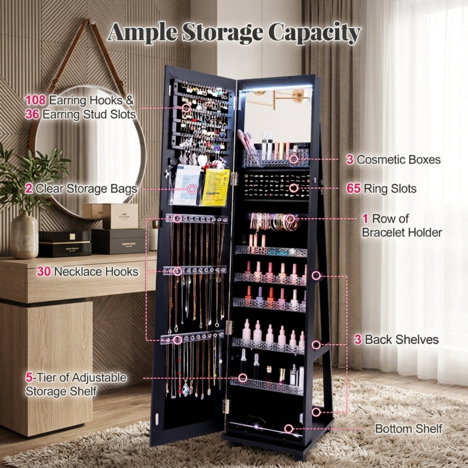 Furnibear 64 Inches Lockable Jewelry Cabinet Armoire with Built-in Makeup Mirror for Bedroom Dressing Room Jewelry Necklace Rings Storage, Black