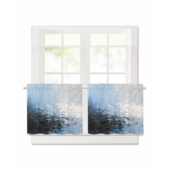 Abstract White Ombre Blue Short Blackout Curtains 30Inch Long Oil Painting Ombre Modern Rod Pocket Kitchen Curtains, 2 Panels Thermal Insulated Room Darkening Drapes for Bedroom, 30"W x 30"L