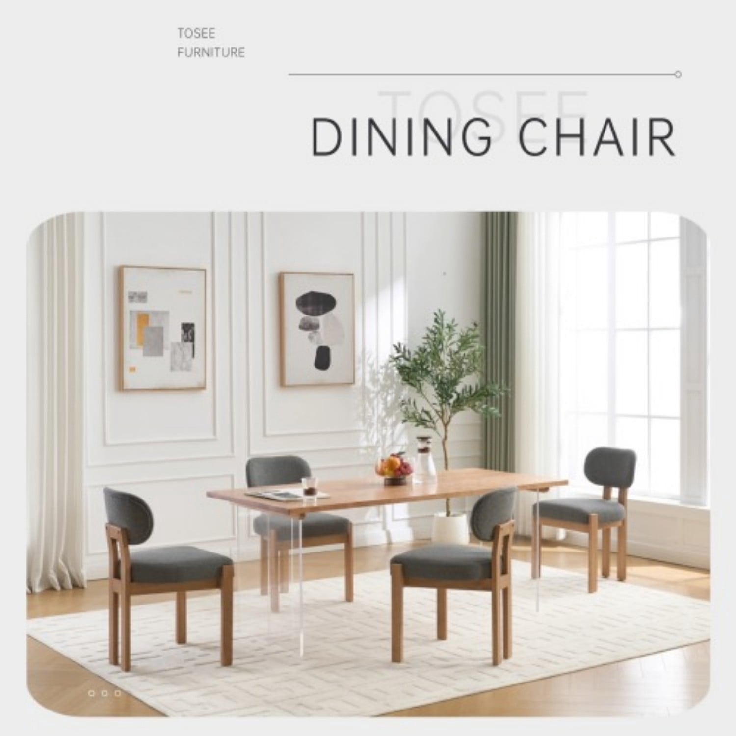 Dining Chairs Set of 2, Chenille Upholstered Wood Kitchen Chairs, 3.95" Thick Foam Cushion Wingback Dining Room Chairs, Grey