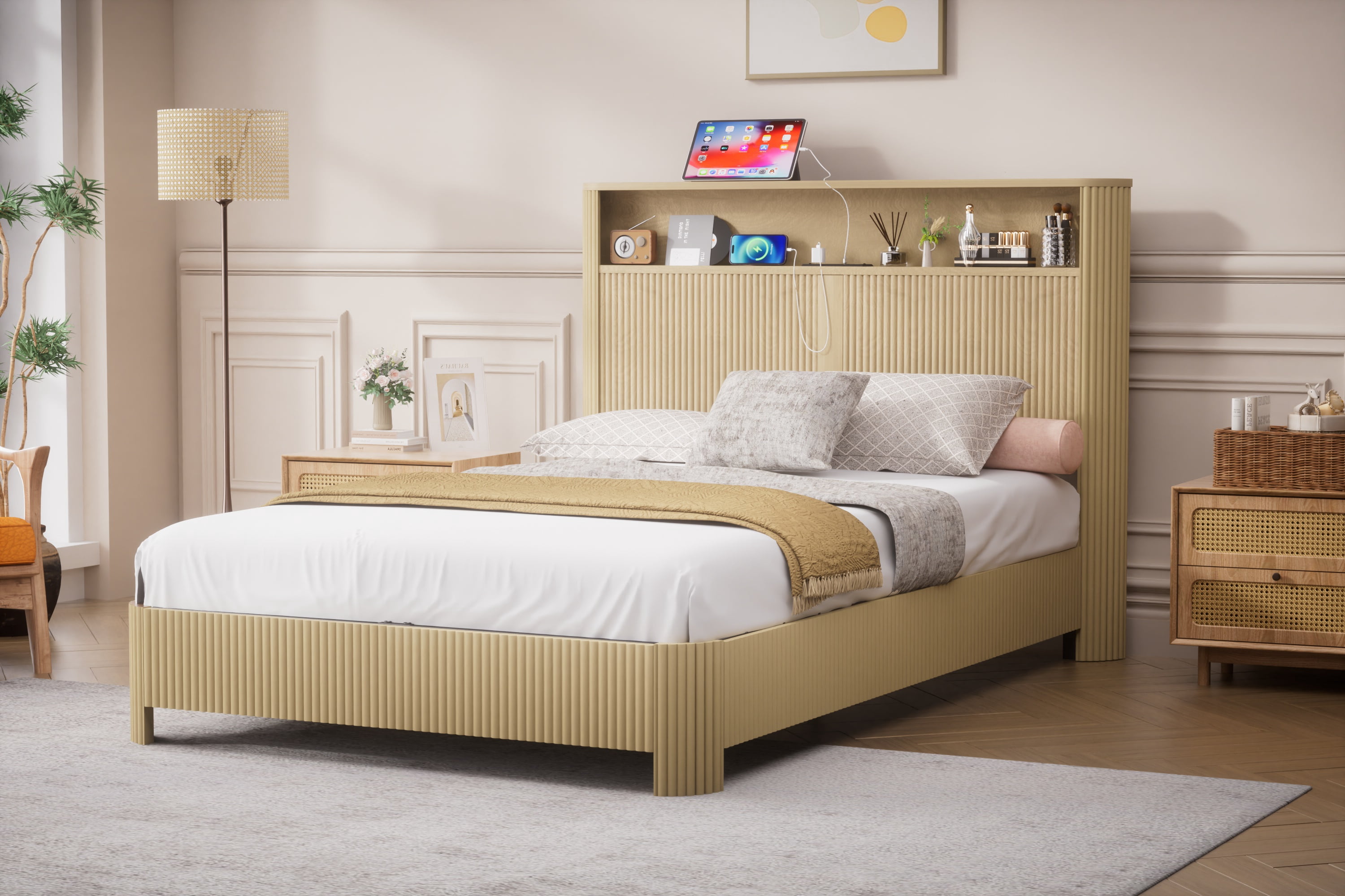 Full XL Bed Frame,Natural Finish Wavy Curved Platform Bed with Storage Headboard,Built-in Charging Station,Silent Metal Support Structure