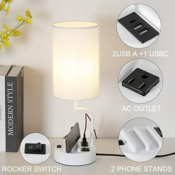Dreamholder Table Lamp with 3 USB Charging Ports, Modern Desk Lamp with AC Outlet and Phone Stands, White