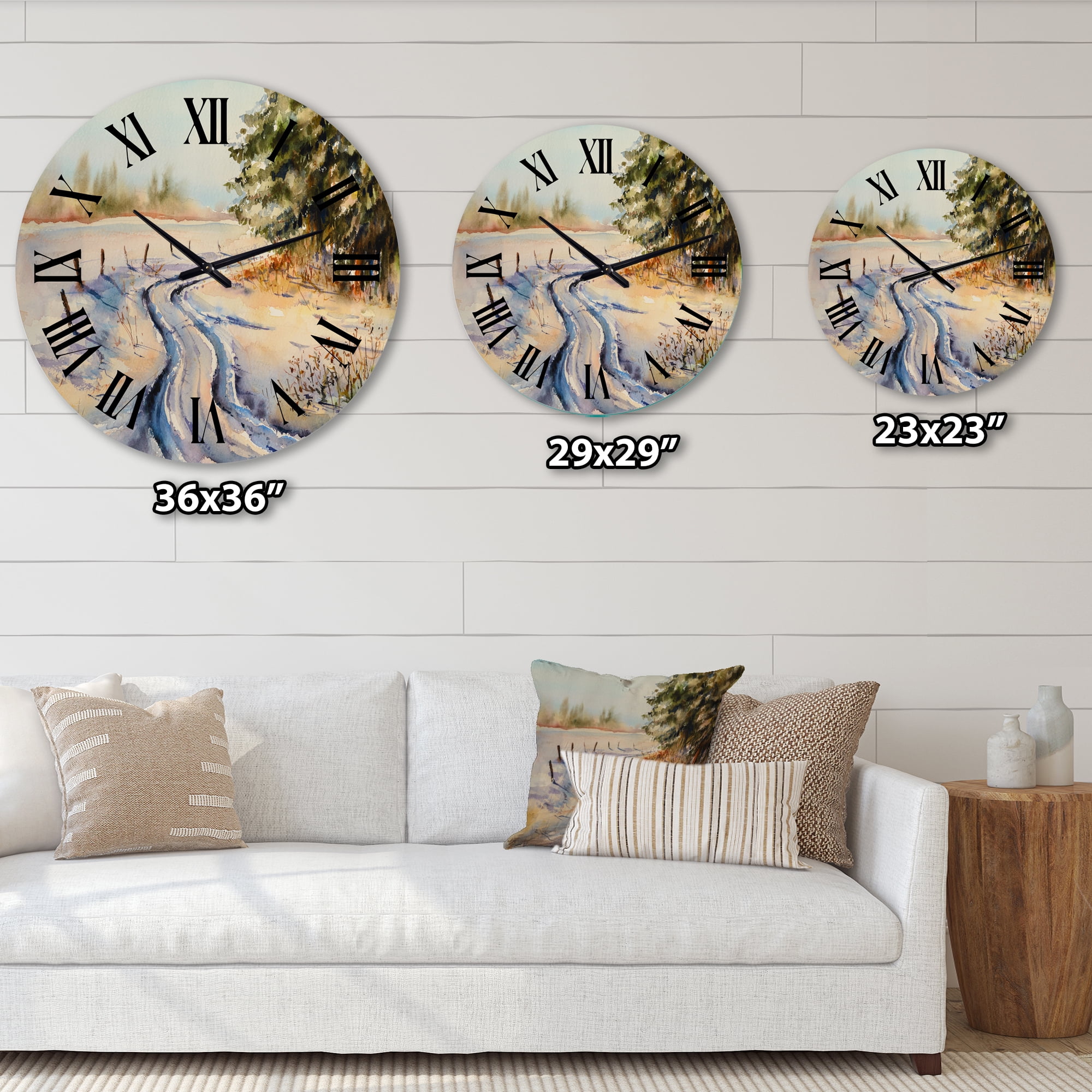 Designart 'Snowy Winter Forest Landscape Country Road In Snow' Traditional Wall Clock