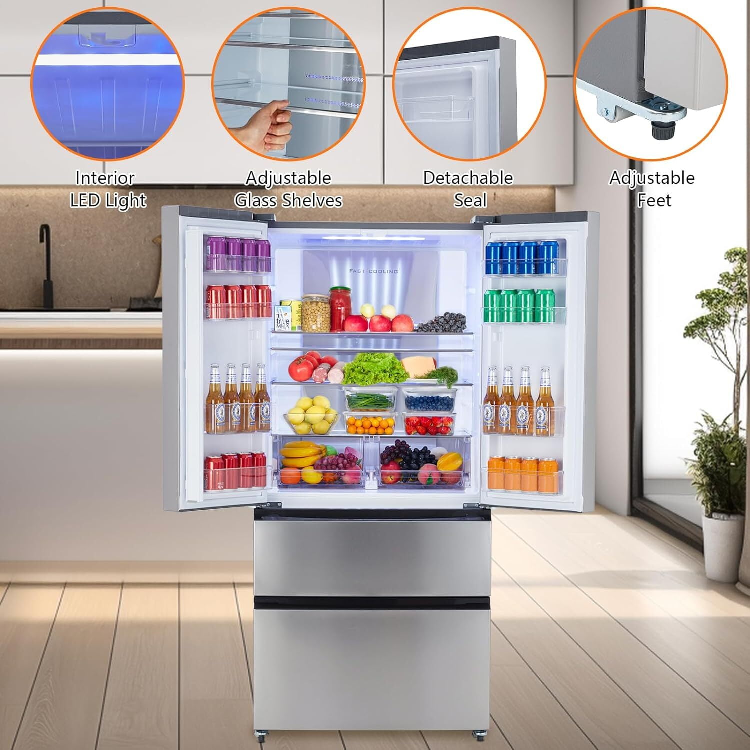 Garvee French Door Refrigerator 18.9 Cu.ft,Large Capacity Stainless Steel Fridge with Freezer,2 Doors & 2 Drawers,Automatic Defrost,LED Display,Silver