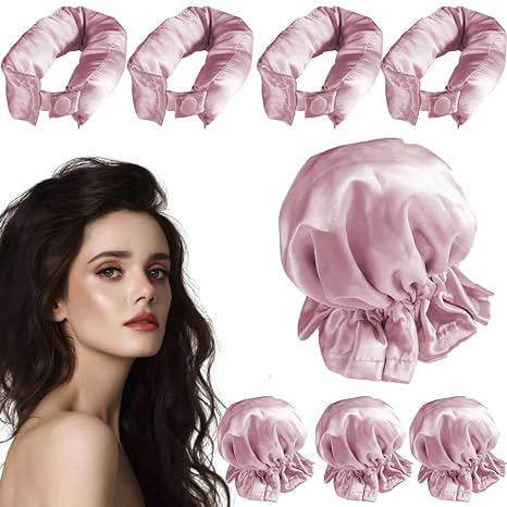 4 Satin Heatless Curlers   4 Headbands, Heatless Curling Set for Overnight Waves, Sleep-In Hair Rollers, Damage-Free Curls for Long Hair