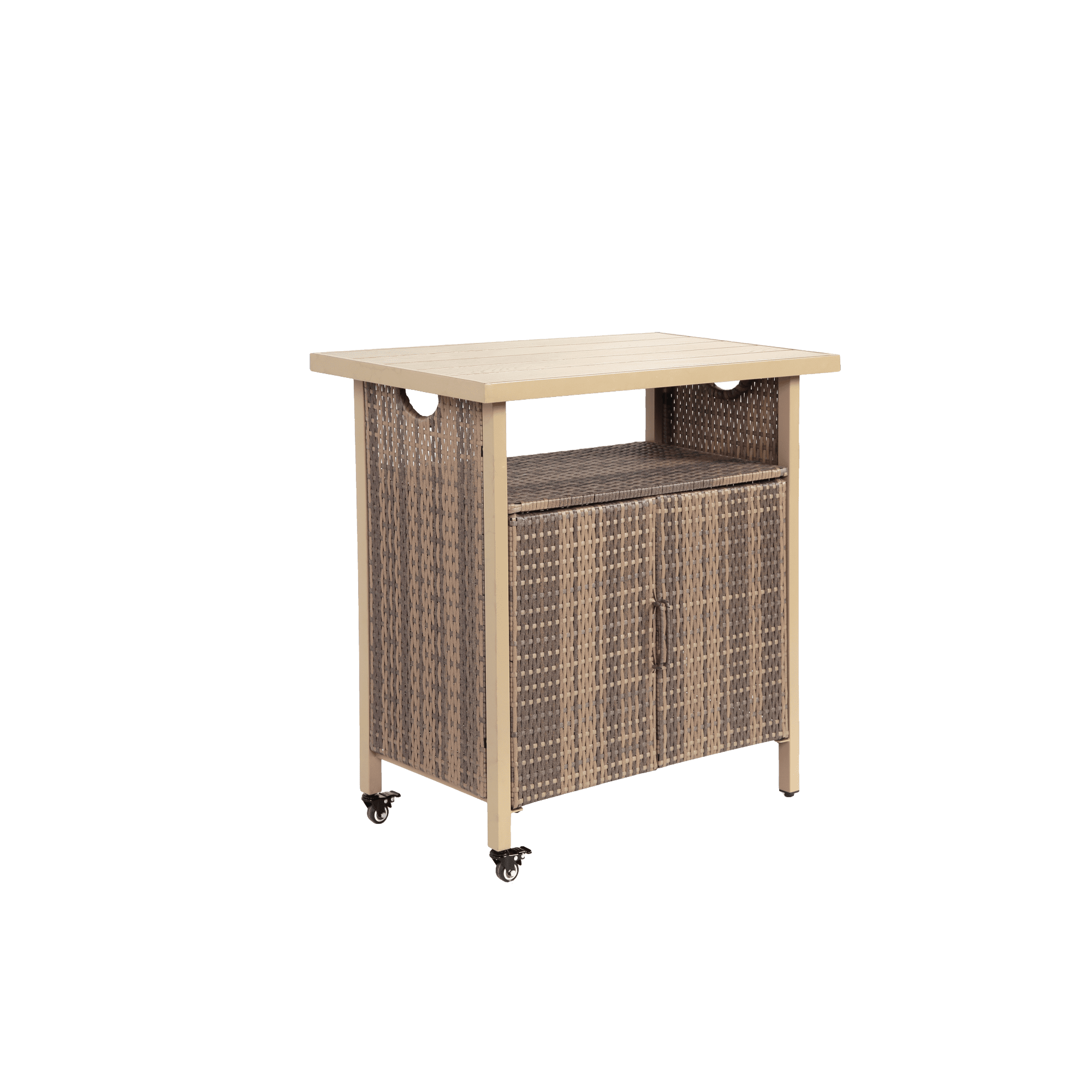 Leumius Outdoor Bar Cart, Rolling Rattan Beverage Bar Counter Table with Glass Top for Porch Backyard Garden Steel, Beige