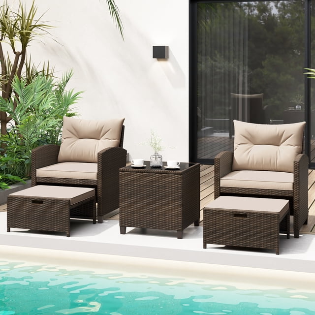 Costway 5 PCS Patio Rattan Furniture with 2 Wicker Ottomans & Tempered Glass Coffee Table Mix Brown + Beige