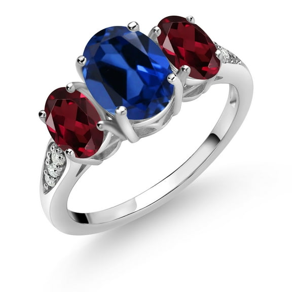 Gem Stone King 10K White Gold Blue Created Sapphire Red Rhodolite Garnet and White Lab Grown Diamond 3 Stone Engagement Ring for Women (2.64 Cttw, Gemstone Birthstone, Size 6)