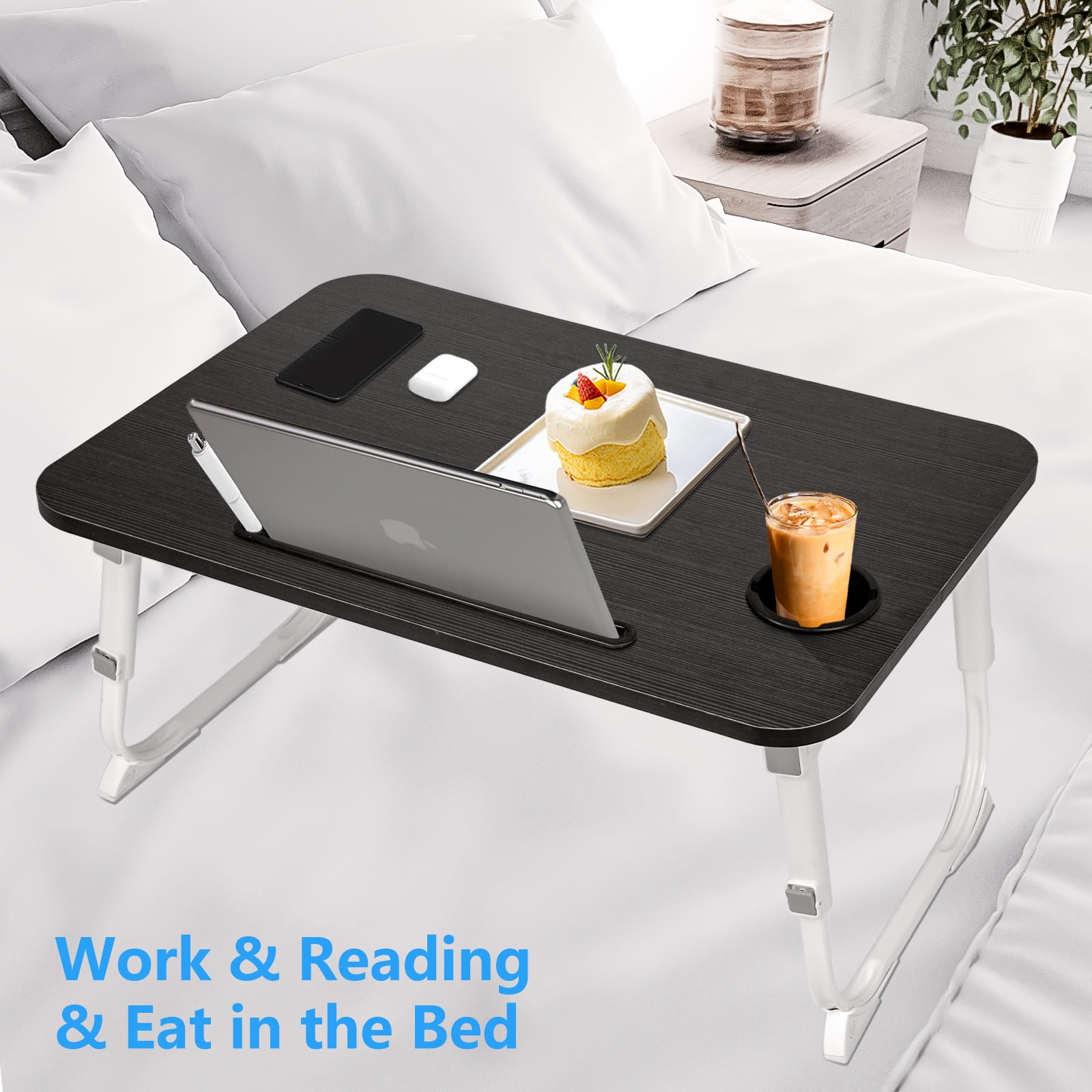 Yoneston Folding Laptop Bed Table, 23.6inch Portable Bed Tray Height Adjustable Laptop Desk with iPad Slots, Drawer and Cup Holder for Working Reading Writing, Eating, Watching-Black