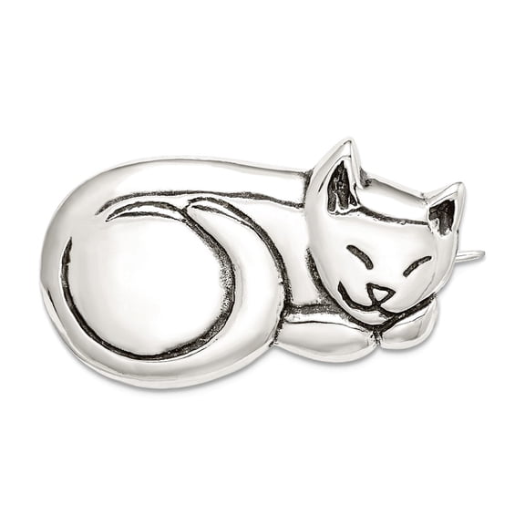 925 Sterling Silver Solid Oxidized Antiqued Sleeping Cat Pin 21x34mm Wide Brooches and Pin for Women