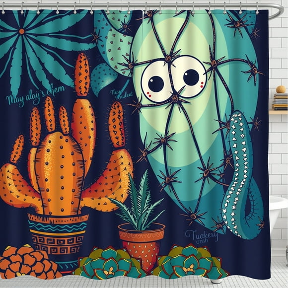 Vibrant Blue Cactus Shower Curtain with Whimsical Design & Script