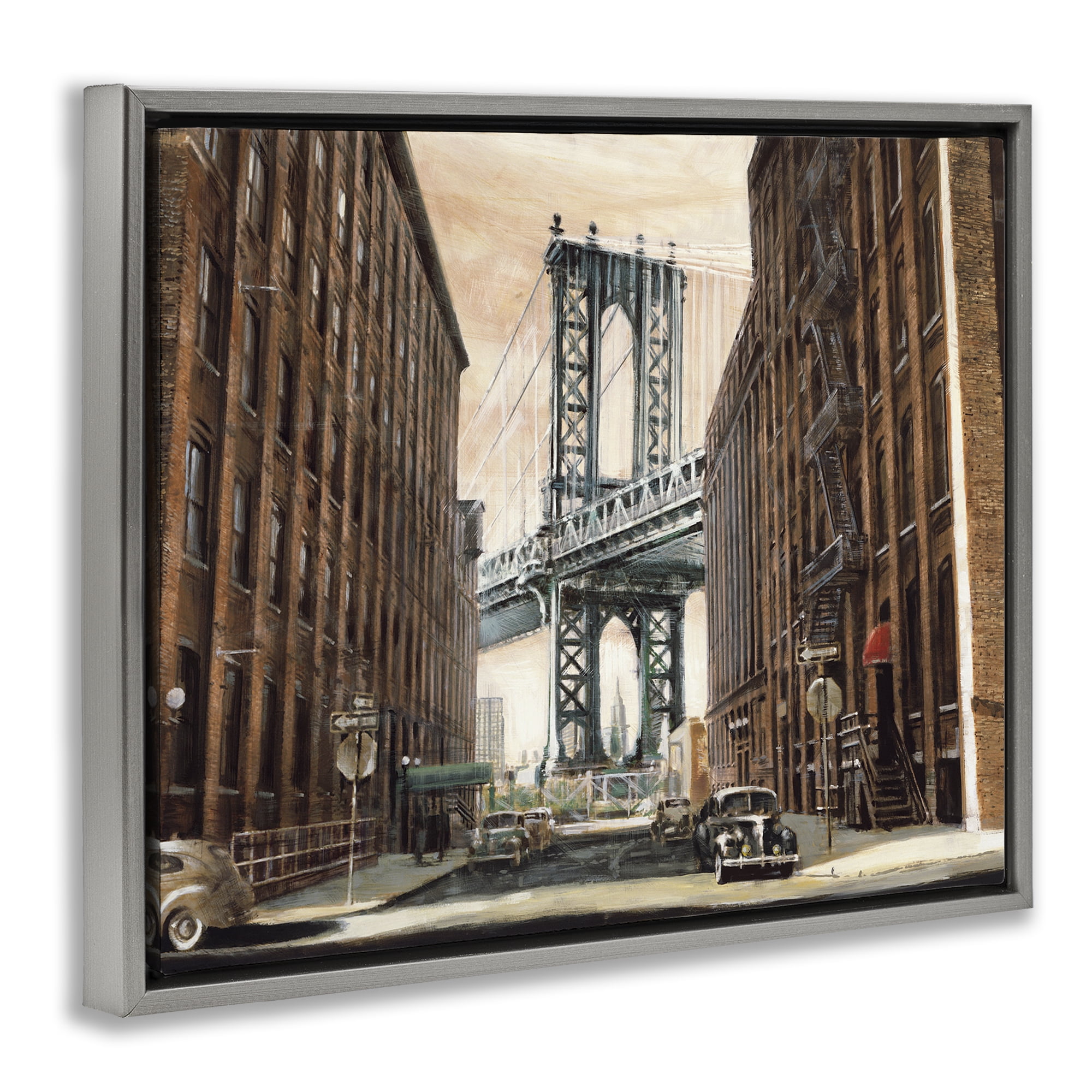 Stupell Industries Cityscape with Bridge View Scenery Painting Gray Floater Framed Art Print Wall Art, 31 x 25
