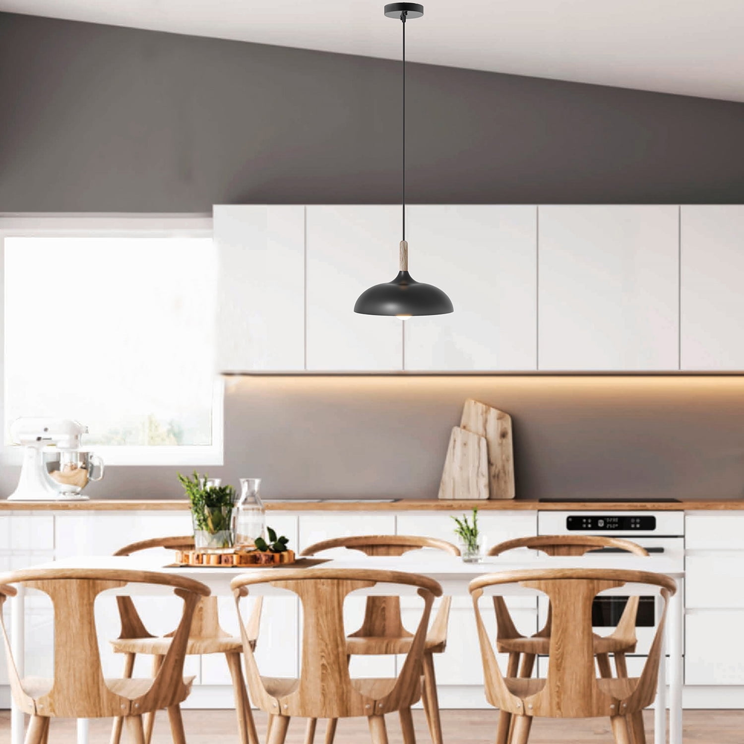 Better Homes & Gardens Single Head Pendant Light with Round Shade Matte Black Finish, A19 60W Soft White, Medium Base, Dimmable, 1 pack