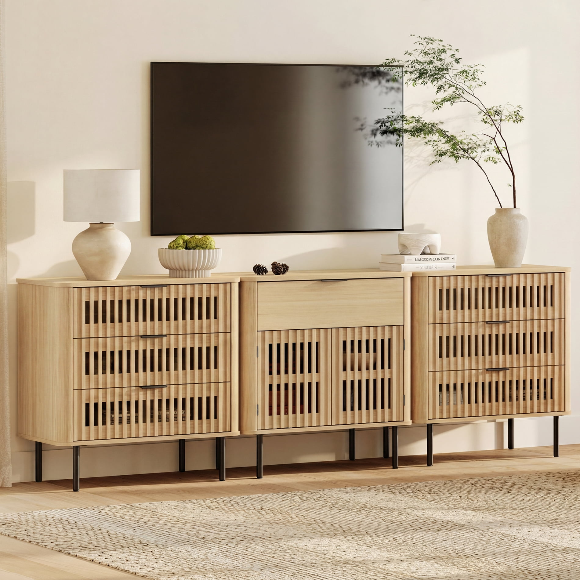 94.5" W Large TV Stand for 85 Inch TV, Wood Entertainment Center with Cabinets and Drawers, Mid-Century Modern Media Console for Living Room, Oak