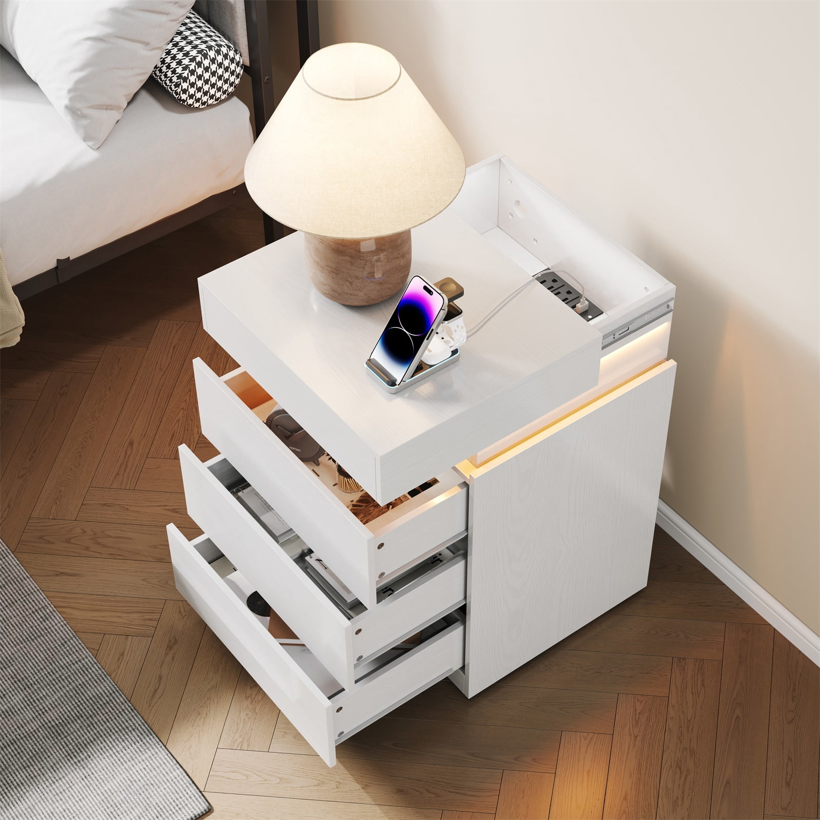 Hommoo 3-Drawer Nightstand with Built-In Charging Station and LED Lighting, Sliding-Top Modern Bedside Table, Wooden End Table, White