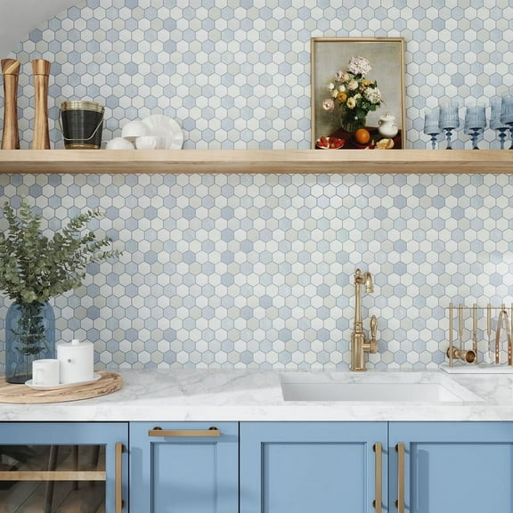 Nubes 12 x 12 in. Polished White, Soft Blue Marble Mosaic Hexagon Wall and Floor Tile (4.83 sq ft/case) - 5 Pack