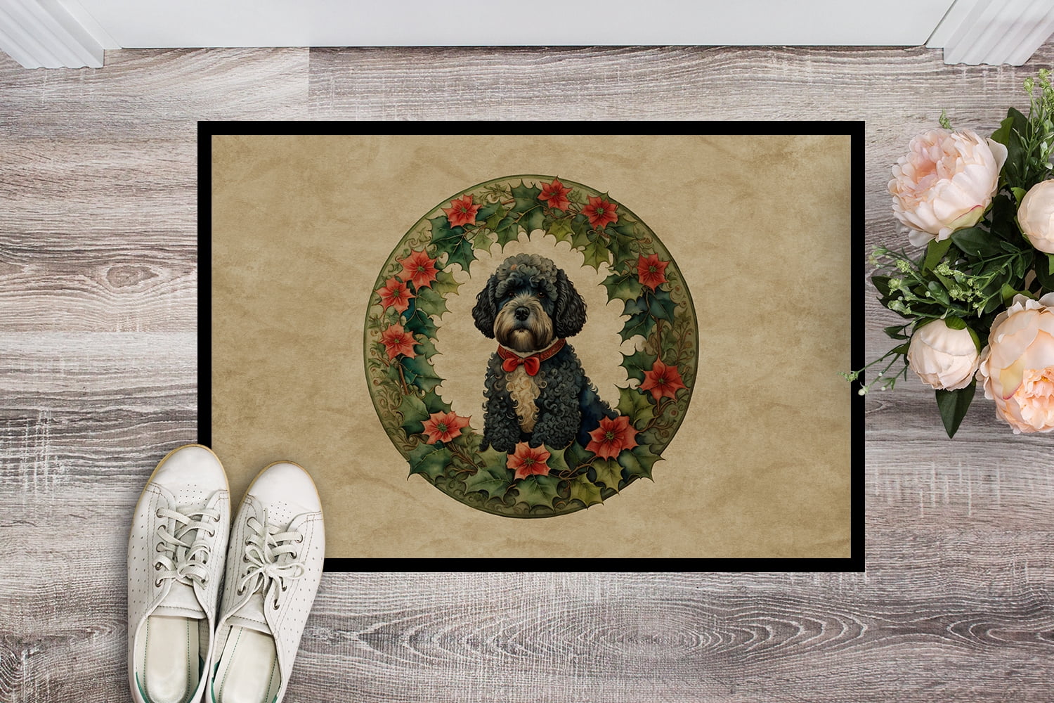 Carolines Treasures DAC2412MAT 18 x 27 in. Unisex Portuguese Water Dog Christmas Flowers Doormat