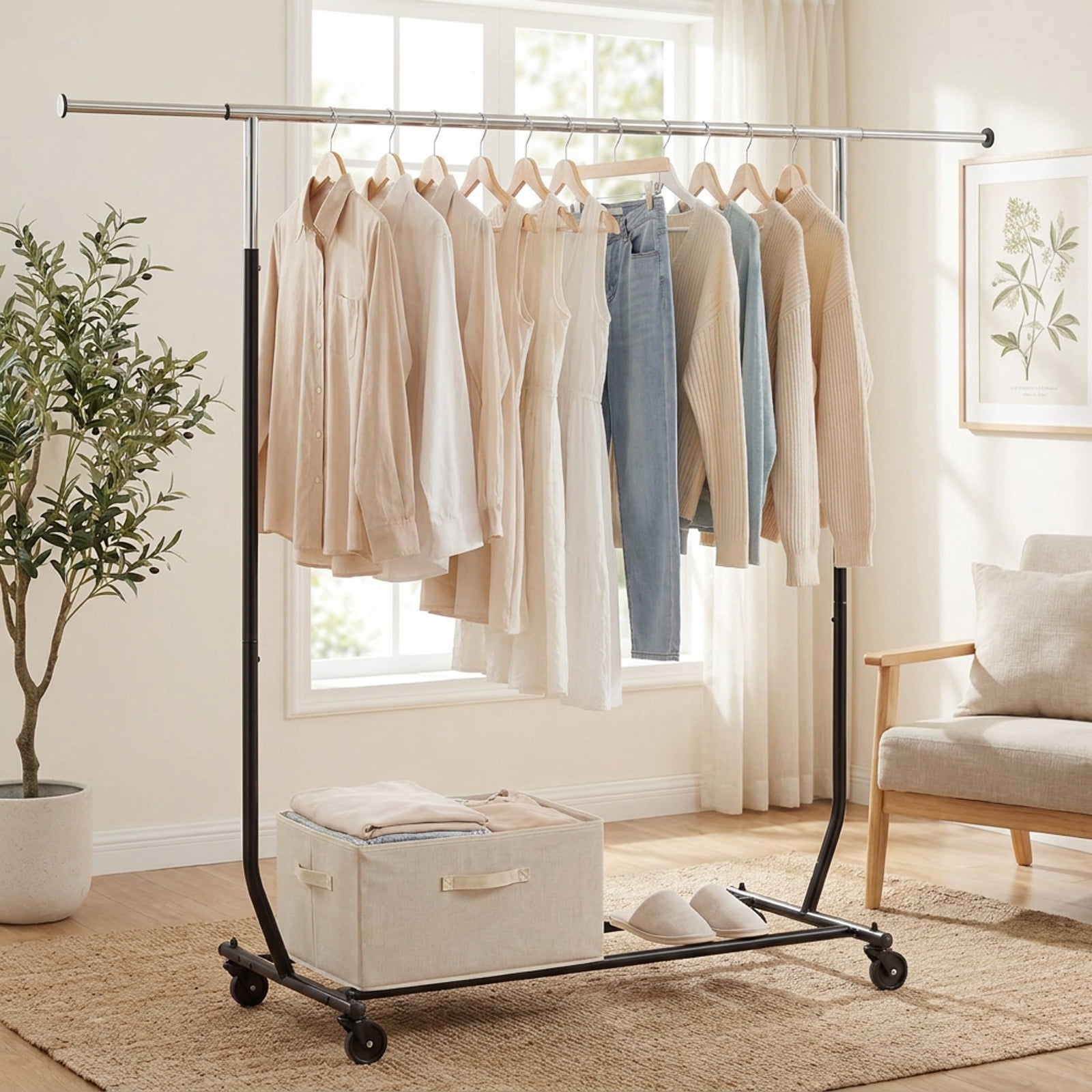 Furnibear Rolling Clothes Rack with Wheels Extendable Hanging Rod and Bottom Storage Bars Heavy Duty Metal Garment Rack for Bedroom and Laundry, Black
