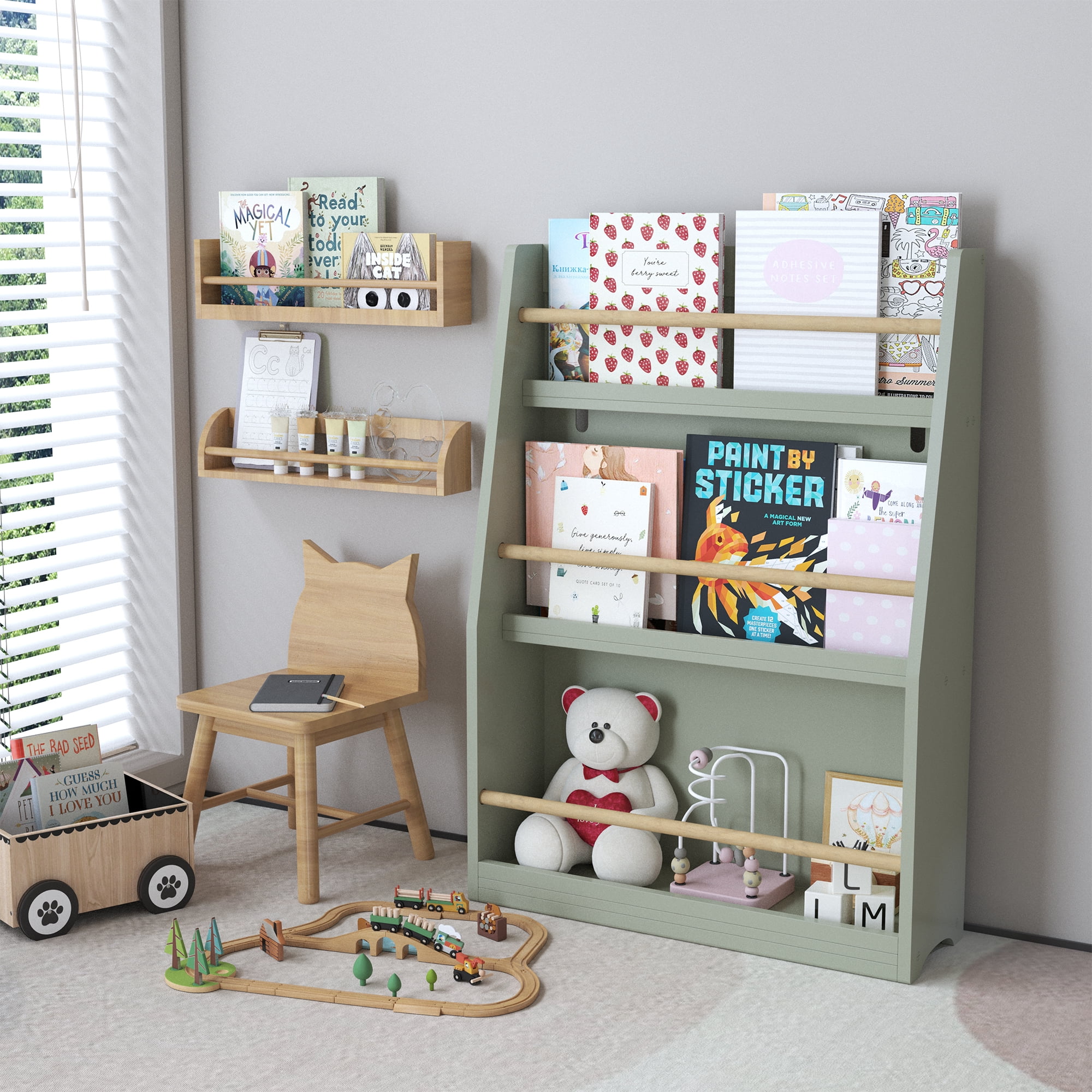 Miniyam 3-Tier Wooden Bookshelf with Toy Storage for Kid, Sage