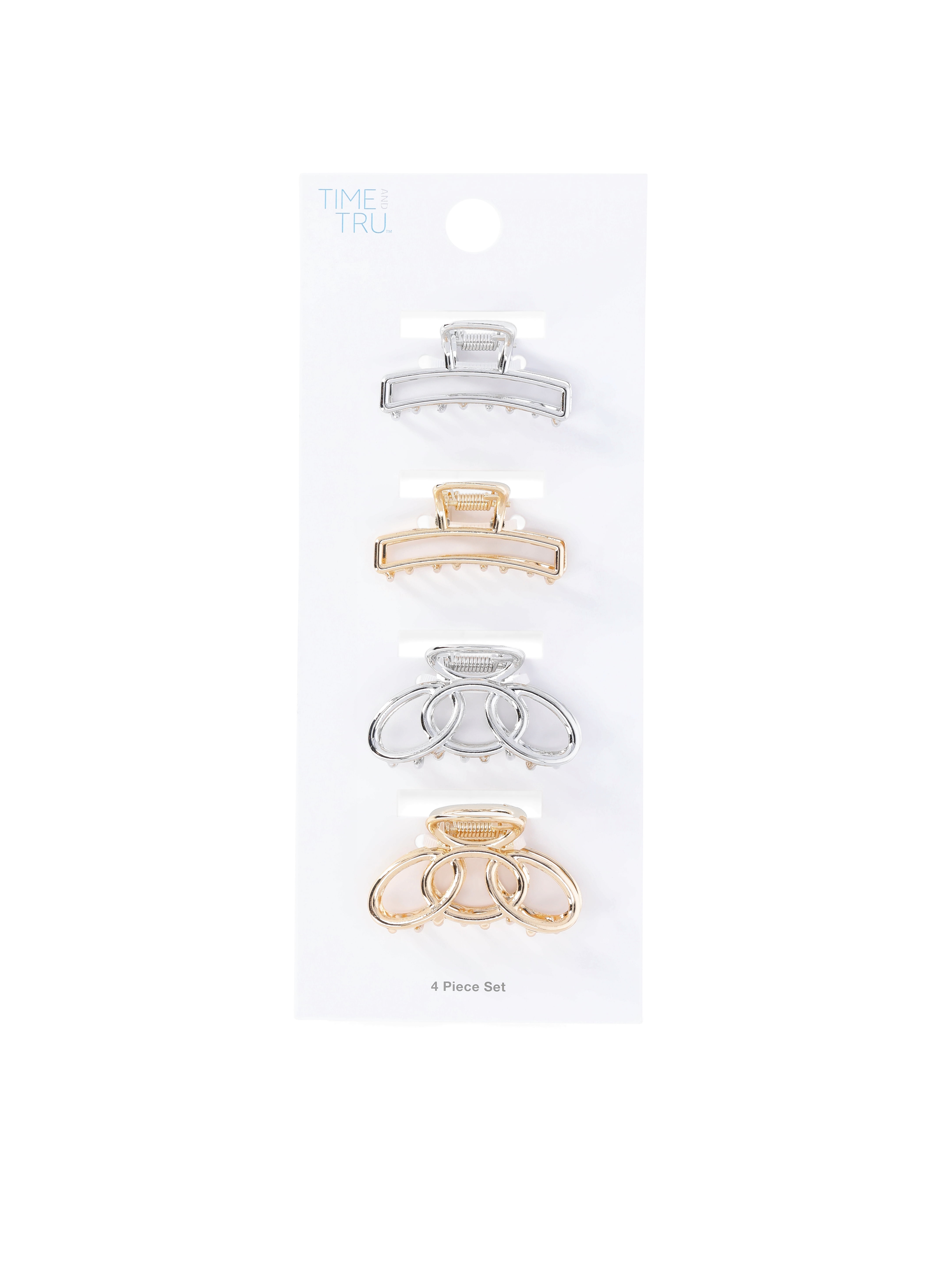 Time and Tru Women's Metal Claw Hair Clips, 4-Pack, Gold-Tone/Silver-Tone
