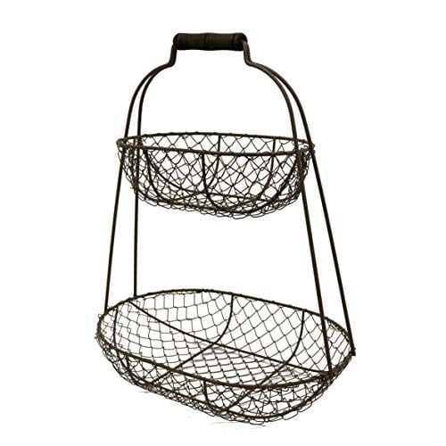 New Primitive Black Wire Basket Egg Chicken Metal Wood Handle Gathering 6” X 8” 