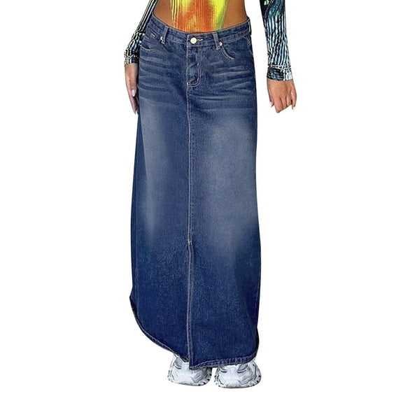 Women Casual Comfortable No Elastic Retro Style Old Denim Long Skirt Club Basic Leisure Dailywear
