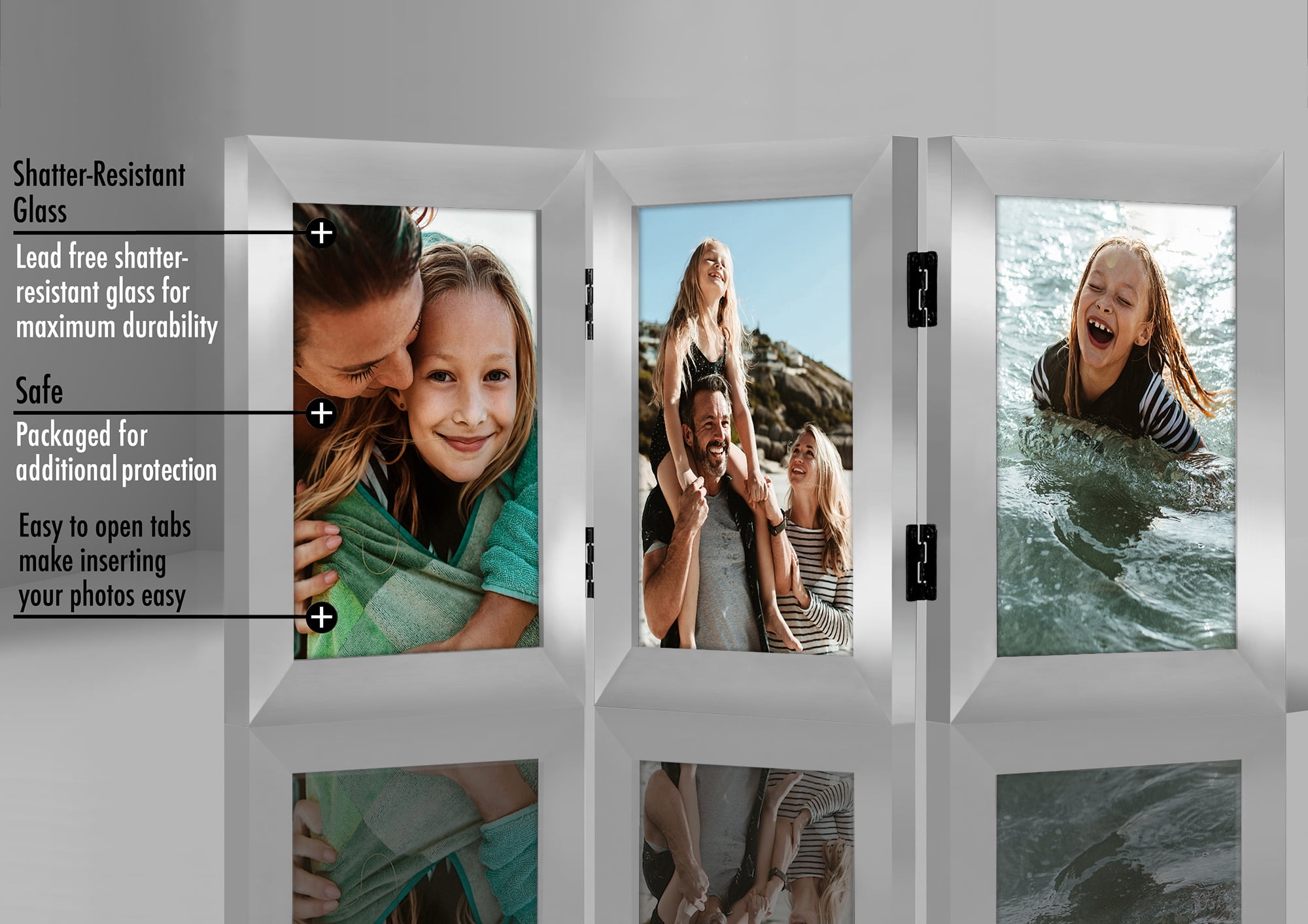 Americanflat Hinged 3 Photo Frame in Nickel Color MDF - Desk Photo Frame for 4X6" Photos - Tri Folding Picture Frame For Desk - Displays 3 Photos with Shatter-Resistant Glass Covers