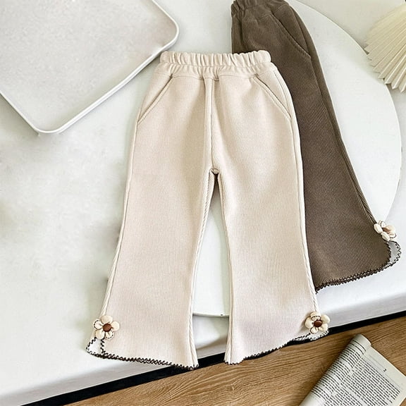 qolati Baby Girl Pants Toddler Girls Elastic Waist Flare Pants Newborn Bell Bottoms Ruffled Athletic Wide Leg Pants Beige 3 Months