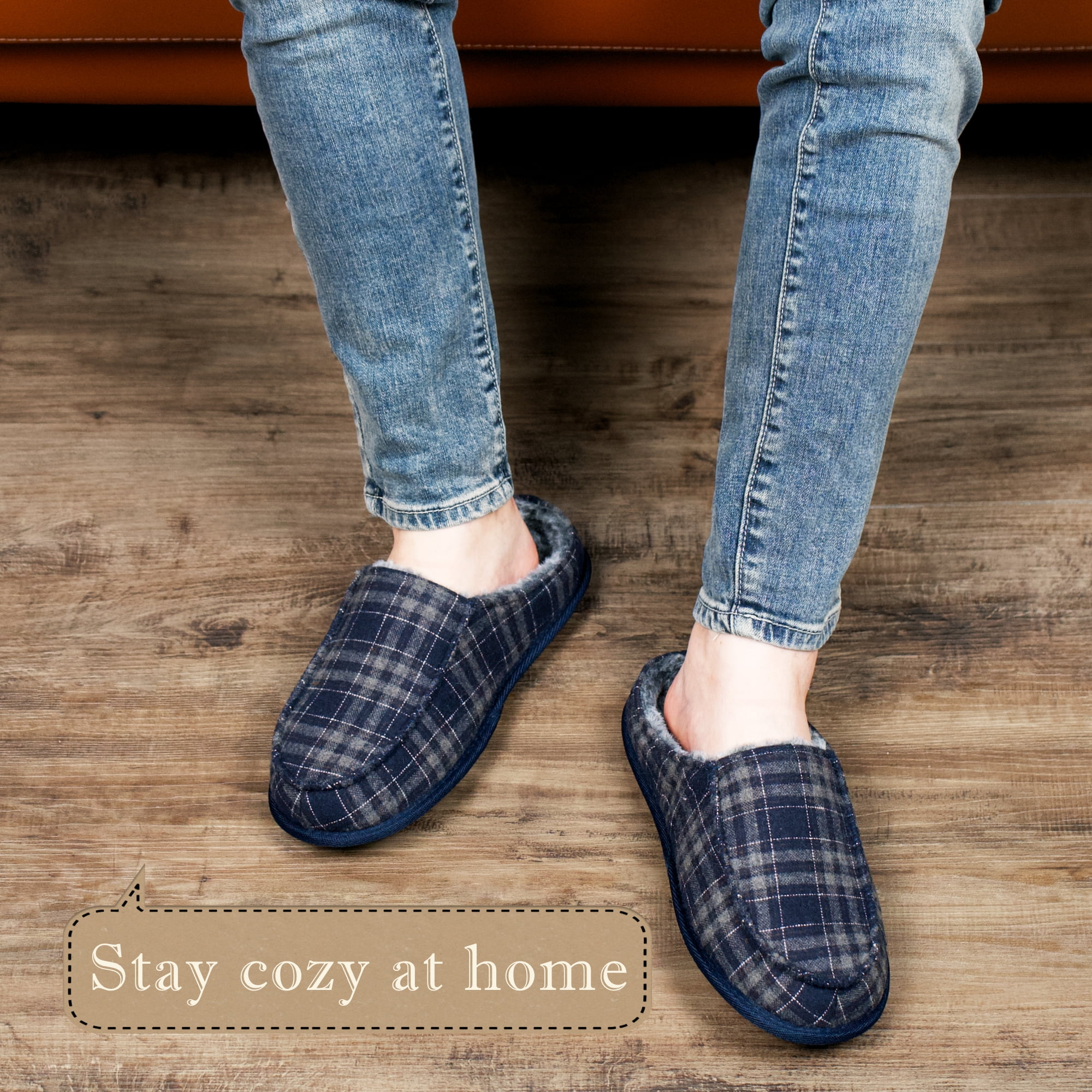 Men's Memory Foam House Slippers - Cozy, Fuzzy Bedroom Slip-on Loafer Shoes. Warm & Comfy Indoor Outdoor Moccasins. Unique Christmas Gift for Dad, Grandpa, Husband, Boyfriend, Navy Adult Size 10-11