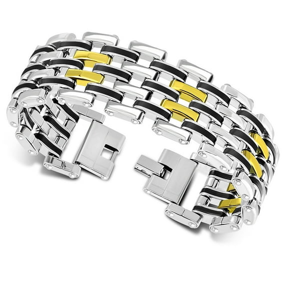 Stainless Steel Silver-Tone Gold-Tone Black Wide Link Chain Men's Bracelet, 8"