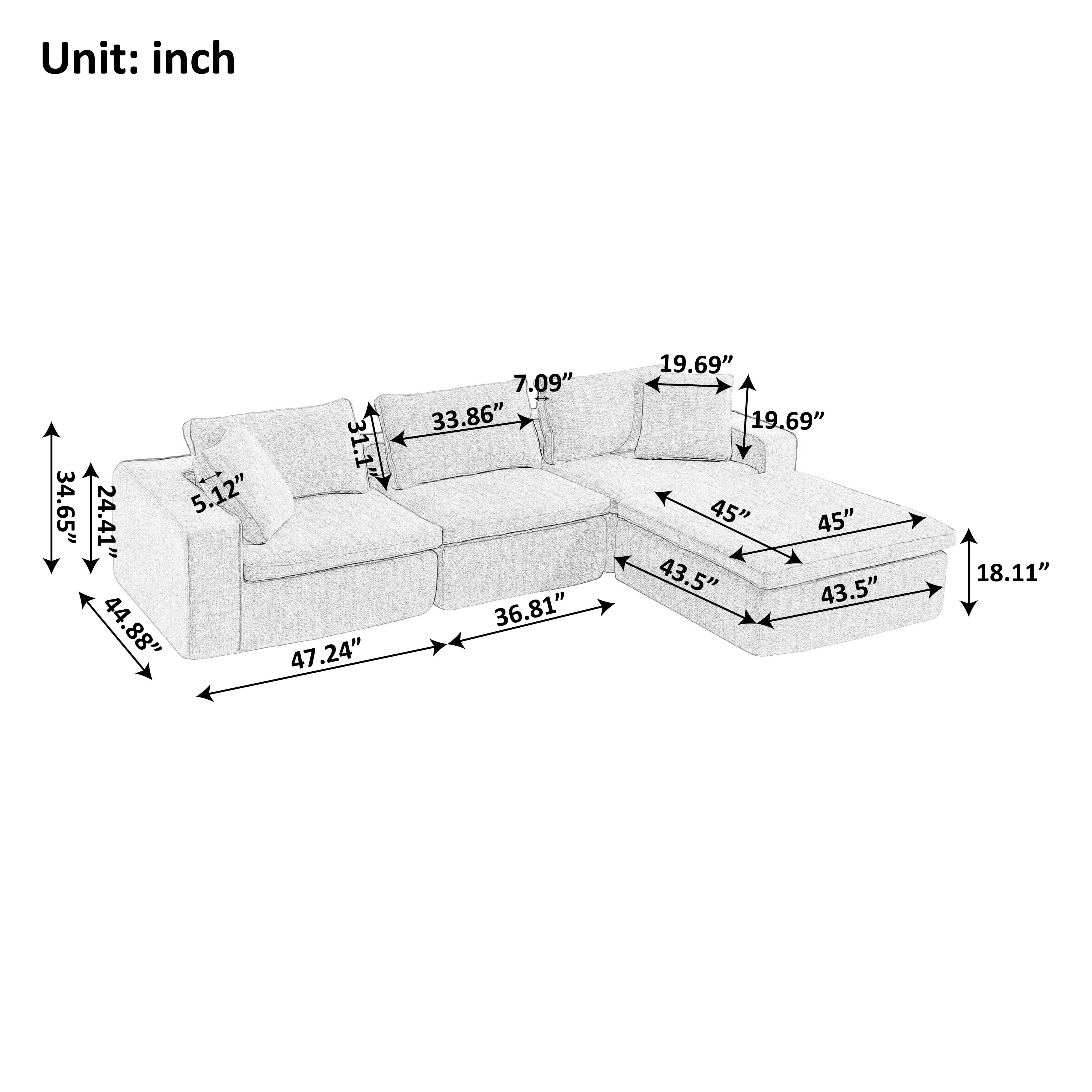 MAYEERTY 131in 4-Seater Cloud Couch with Ottoman, Washable Linen Cover, Pocket Springs & Compressed Delivery，Dark Gray