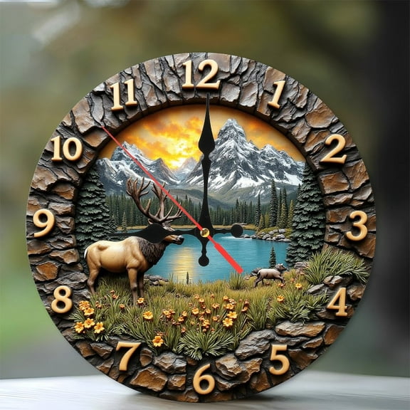 Elk Mountain Sunset Wall Clock 10-Inch Silent Wooden Wall Clock, Battery Operated (AA Batteries Not Included), Artistic Home Decor