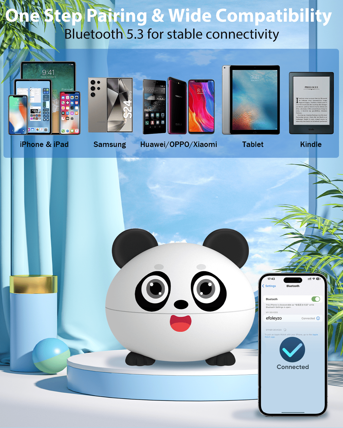 Wireless Earbuds for Kids, Built with Mic, 85dB Safe Volume, Light Weight, Bluetooth 5.3, IPX6 Waterproof, Passive Noise Cancelling, Girls Boys Teen Earbuds for School Travel, Panda