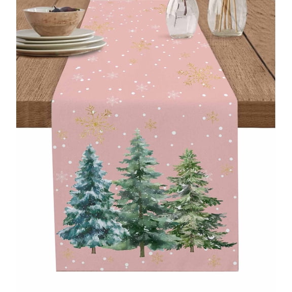 Christmas Tree Table Runner 36 Inches, Winter Pine Xmas Watercolor Snowflake Pink Bed Runner Dresser Scarves Tabletop for Indoor Outdoor Parties/Ceremony/Banquet, 13"x 36"