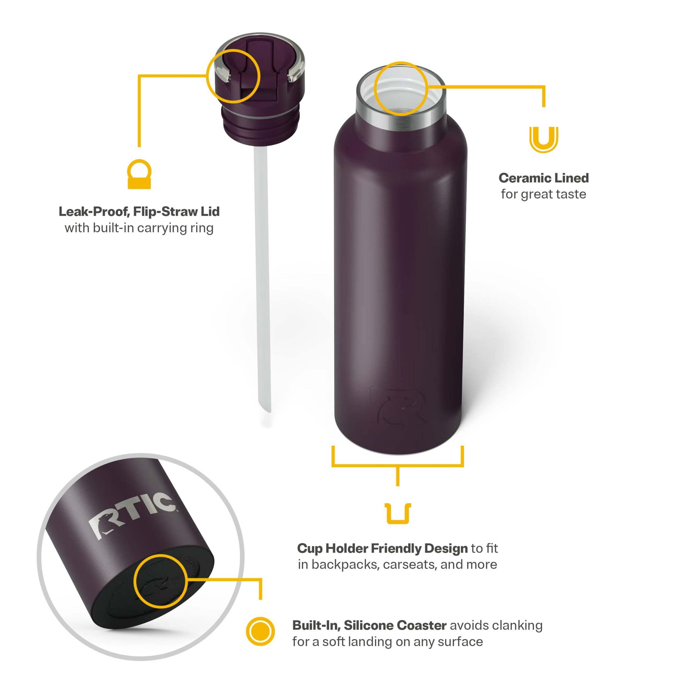 RTIC 20 oz Ceramic Lined Insulated Journey Water Bottle, Leak-Proof Lid, Plum