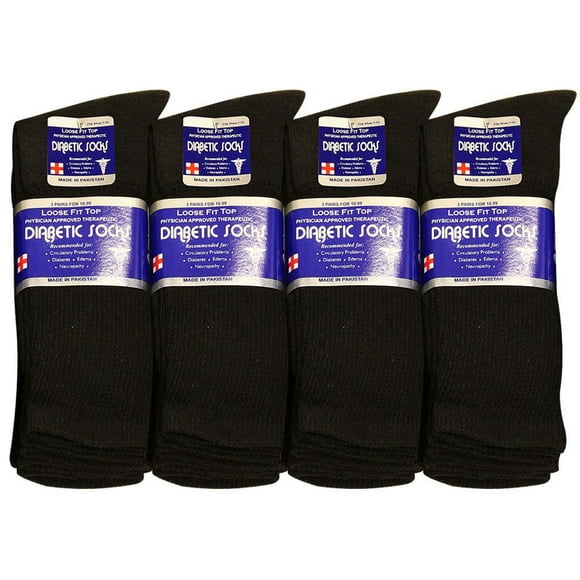Physicians Approved Diabetic Socks Crew Unisex 3, 6 or 12-Pack, 12 Pairs Black, 13-15