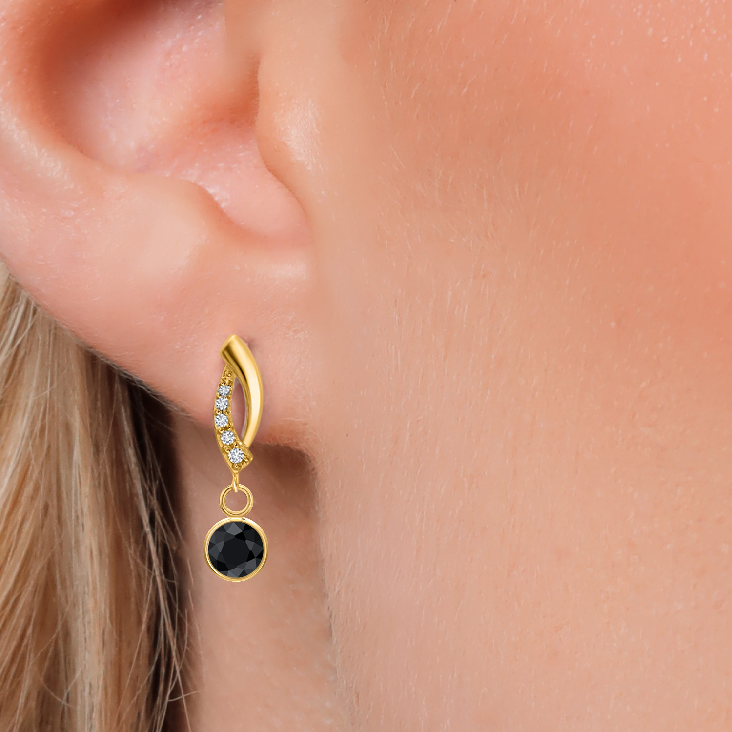 Gem Stone King 14K Yellow Gold Black Sapphire and Lab Grown Diamond Earrings for Women | 1.43 Cttw | Gemstone September Birthstone | Round 5MM