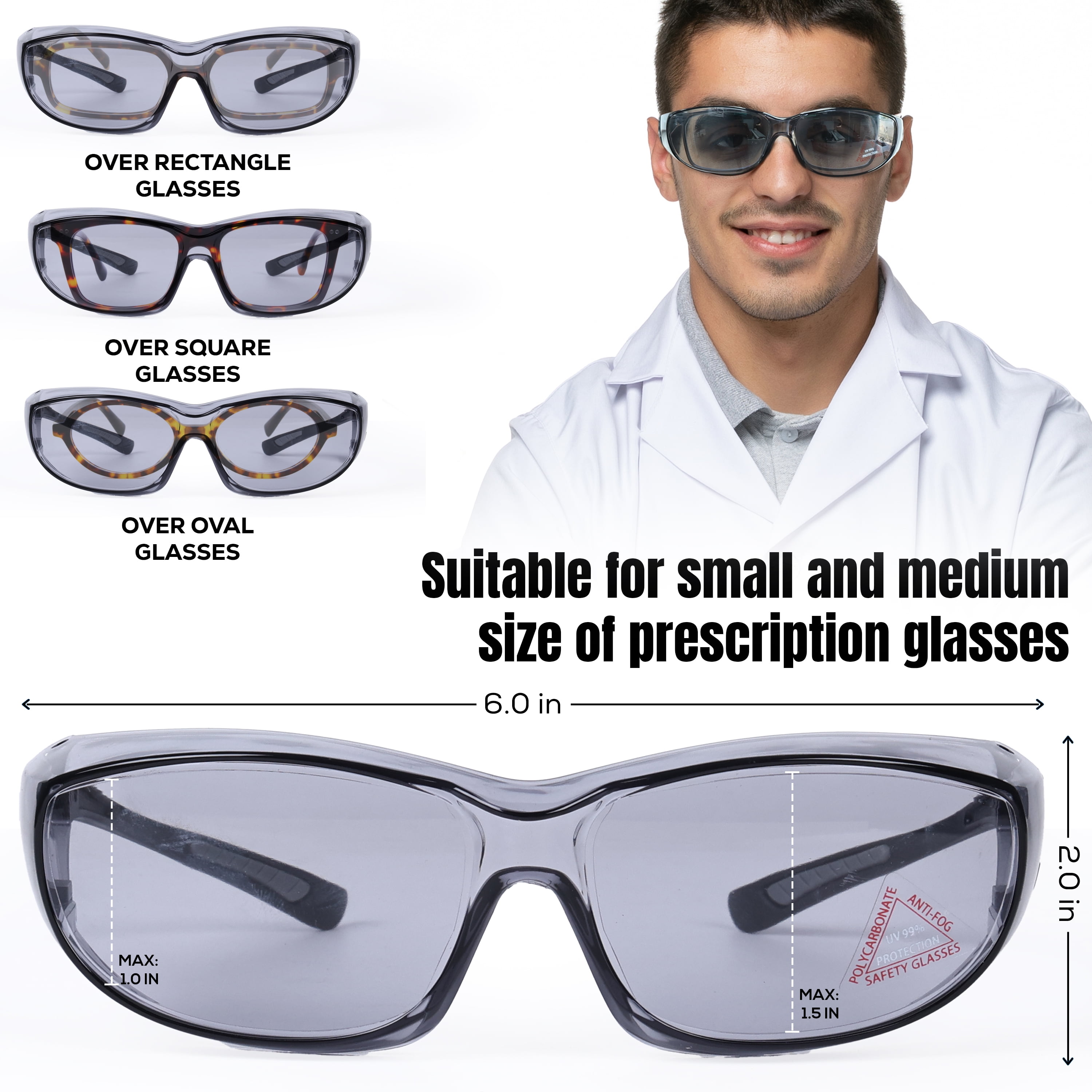 Zayaan Health PrimeX Gray Lens Black Temple Safety Glasses For Men/Women, Anti-Scratch & Fog (Pack of 144)