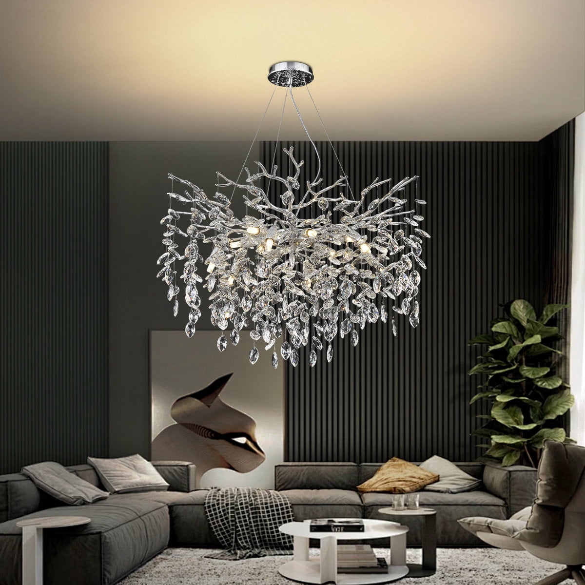 RRBEST Silver Luxury Tree Branch Chandelier,Modern Chandelier Crystal Light Fixture,Pendant Lamp for Living Rooms