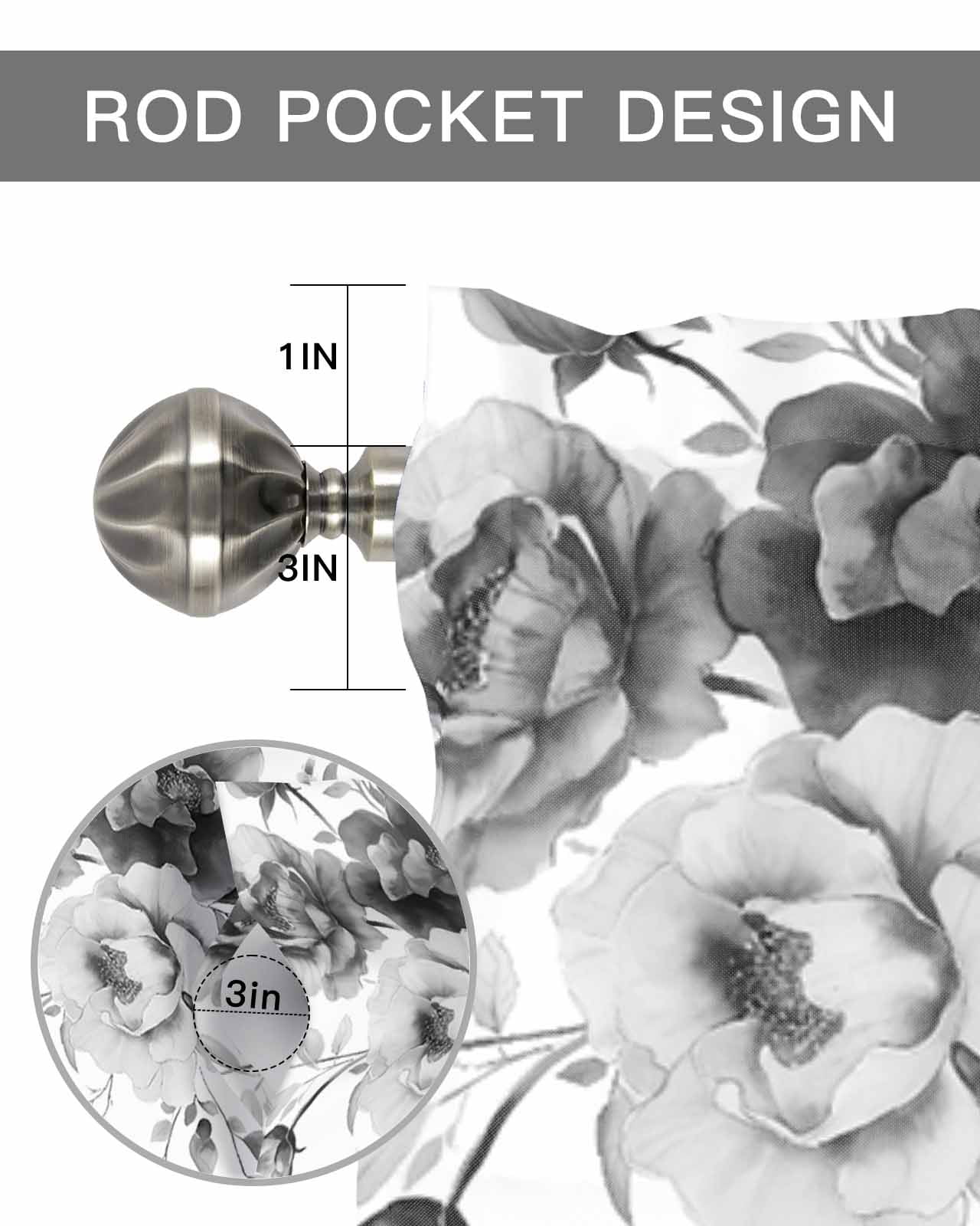 Spring Blossom Grey Flower Curtain Valances for Kitchen Windows,Rod Pocket Short Valance Retro Watercolor Floral Plant Window Treatment for Living Room Bathroom Bedroom,54" x 18"-1 Panel