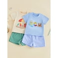 thumbnail image 3 of BemeyourBBs Toddler Baby Boy Summer Clothes Infant Baby Boys Summer Beach Holiday Outfit Shorts Sets Short Sleeve Castle Embroidery T -Shirt Tops and Plaid Plaid Pockets Shorts Set, 3 of 9