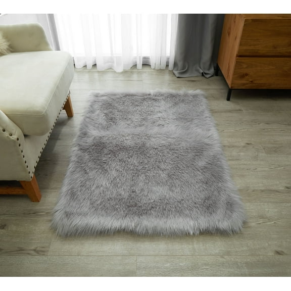 Nanshing Angel Sheepskin Faux Fur Shaggy Area Rug, Gray, 30" x 46"